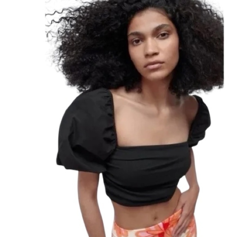 NEW Zara Black Combination Ribbed Knit Poplin Puff Sleeve Cropped Top - M